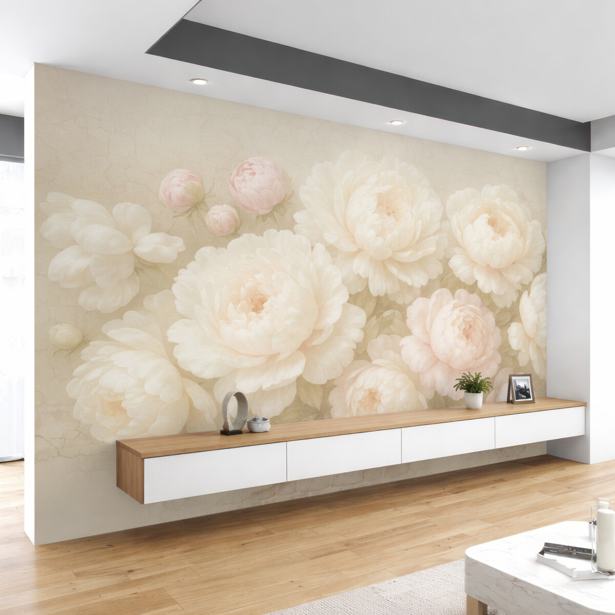 Fototapeta Białe piwonie na ceglanej ścianie.