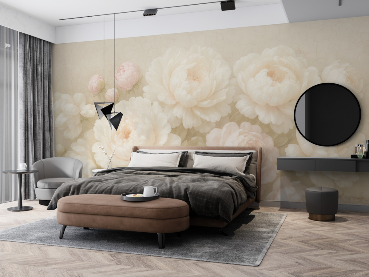 Fototapeta Białe piwonie na ceglanej ścianie.