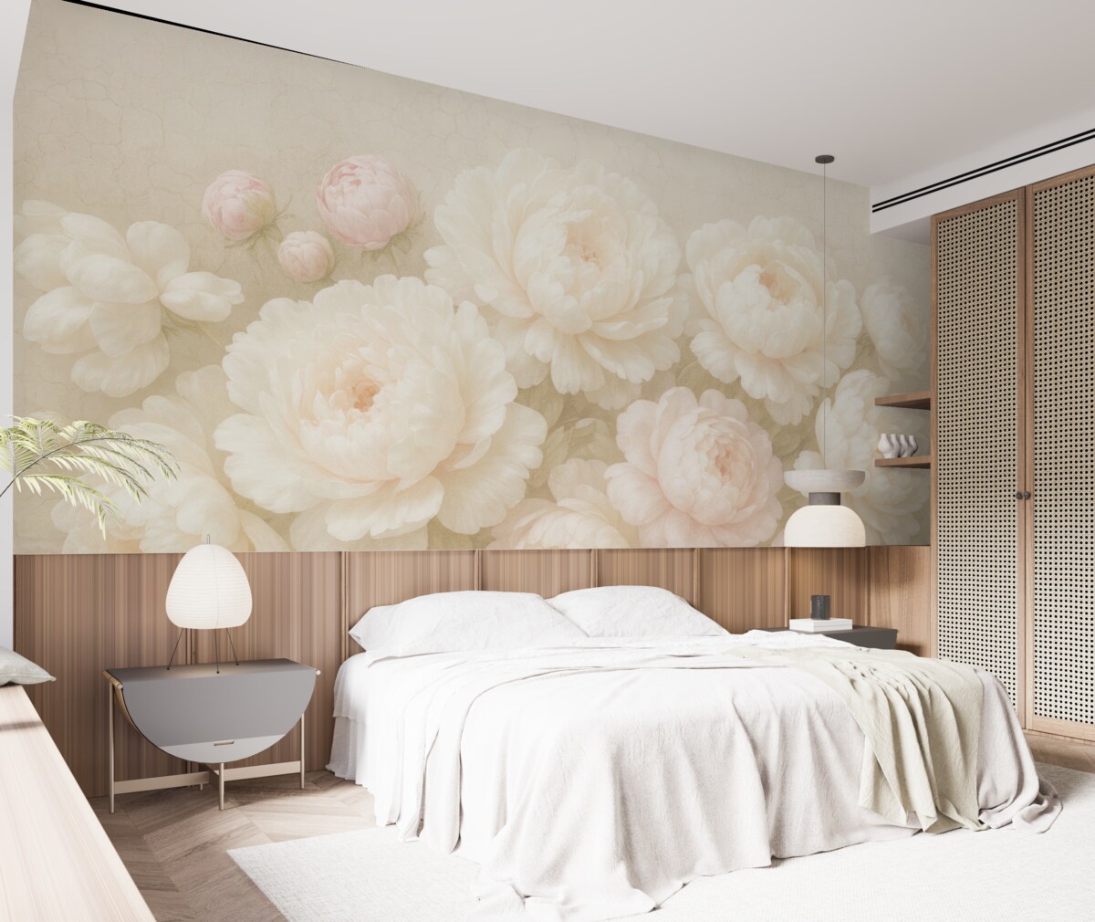 Fototapeta Białe piwonie na ceglanej ścianie.