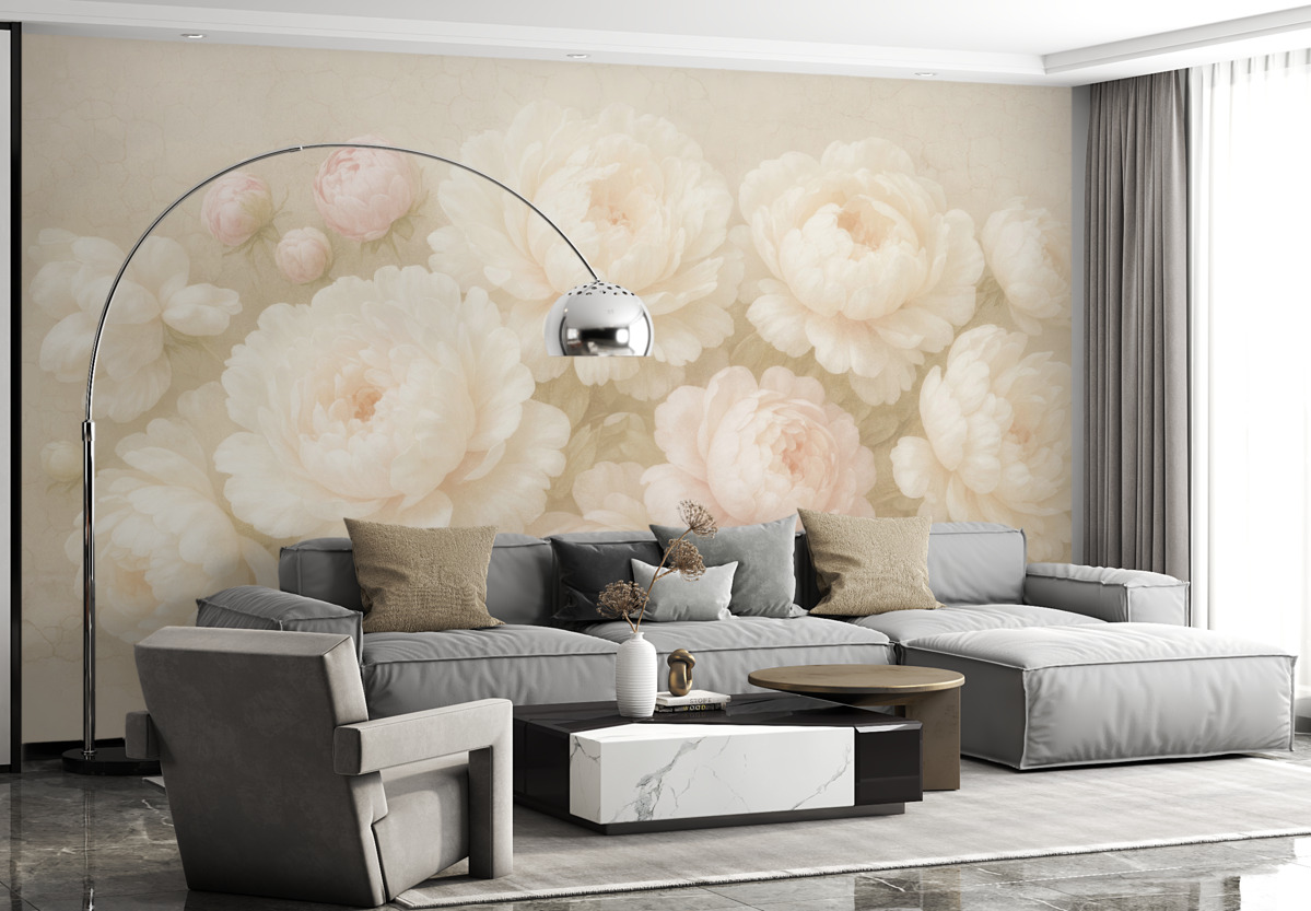 Fototapeta Białe piwonie na ceglanej ścianie.