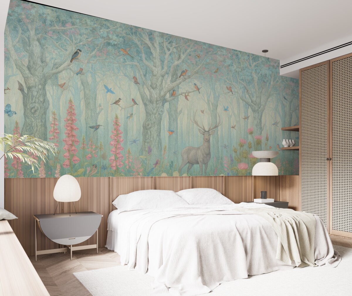 Fototapeta Jeleń oraz ptaki w czarującym lesie.