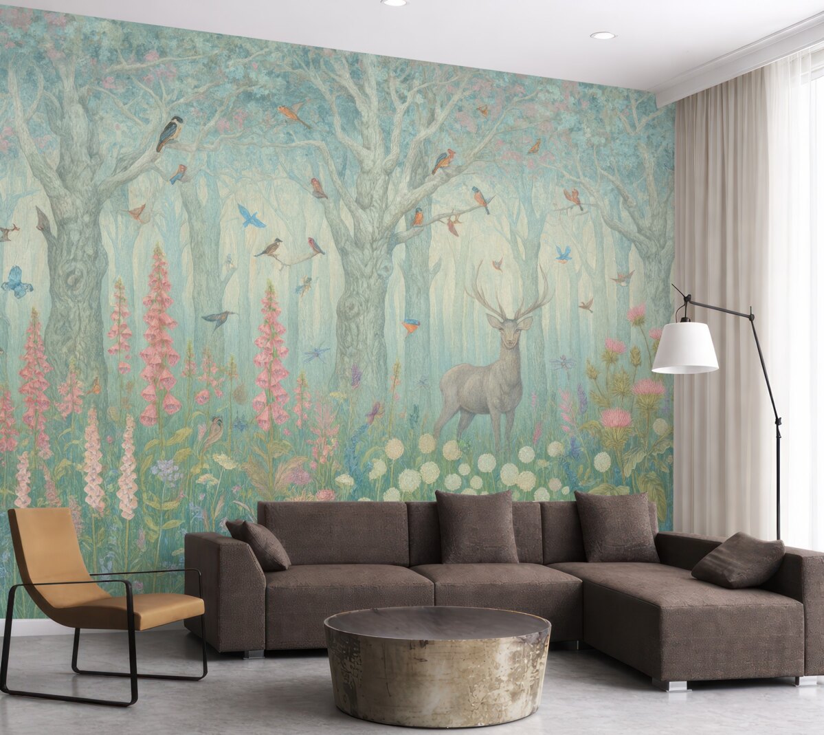 Fototapeta Jeleń oraz ptaki w czarującym lesie.