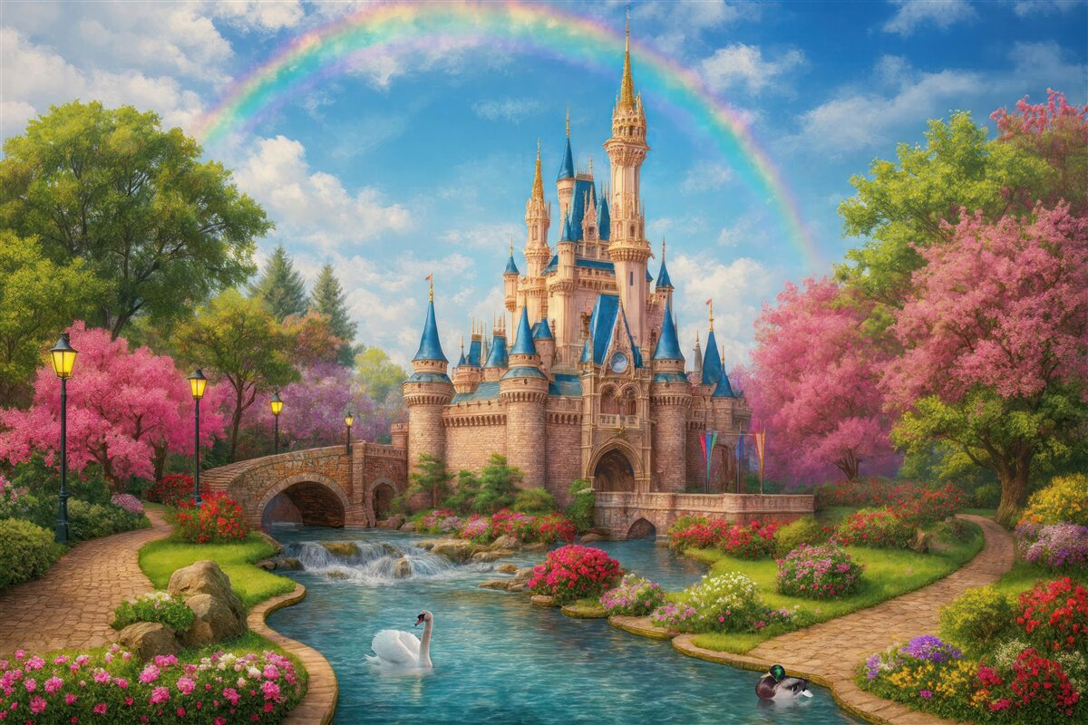 Fototapeta Tęcza nad bajkowym grodziskiem.