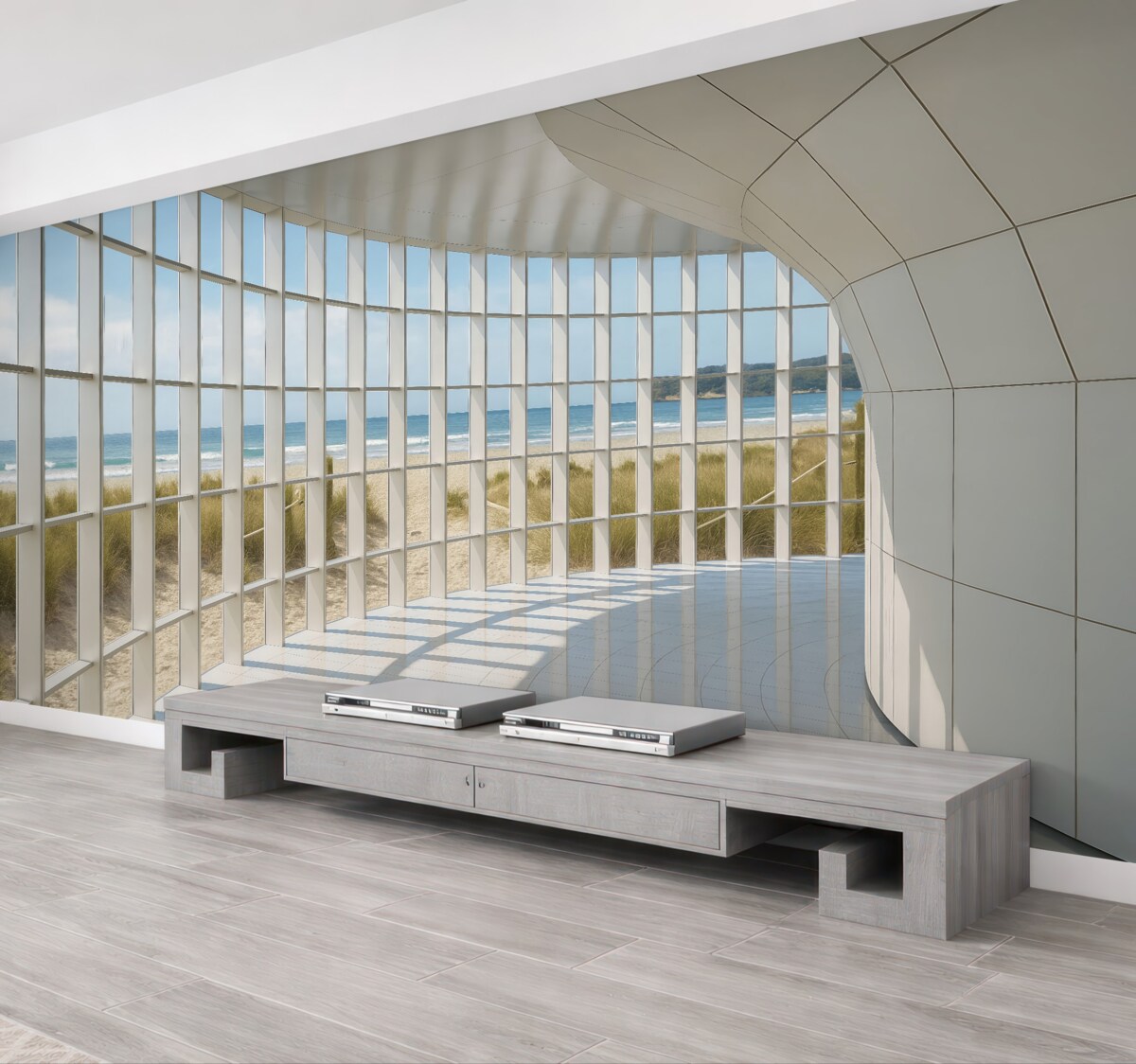 Fototapeta Korytarz 3D z panoramą na morze.