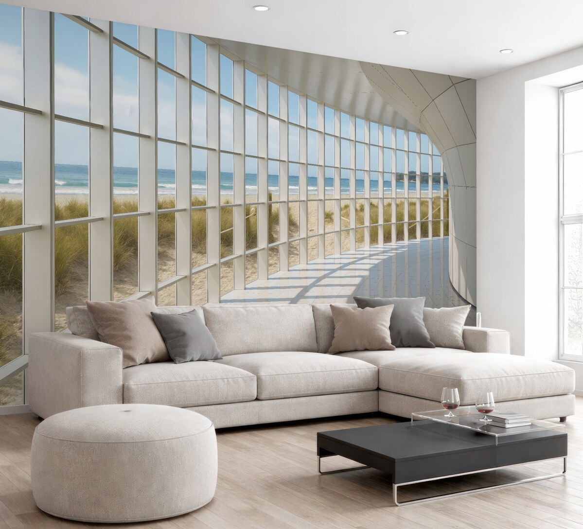 Fototapeta Korytarz 3D z panoramą na morze.