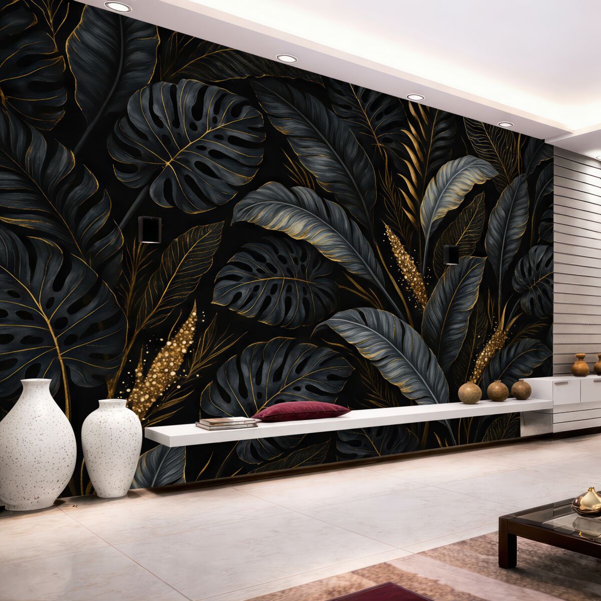 Fototapeta Liście tropikalne na ciemnym tle.