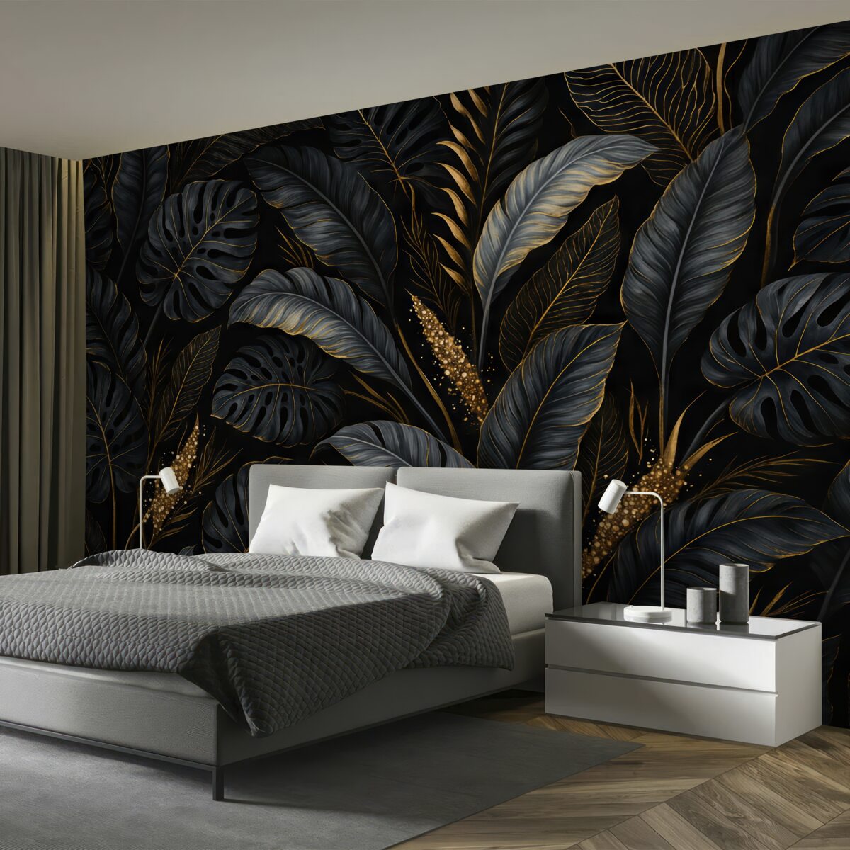 Fototapeta Liście tropikalne na ciemnym tle.