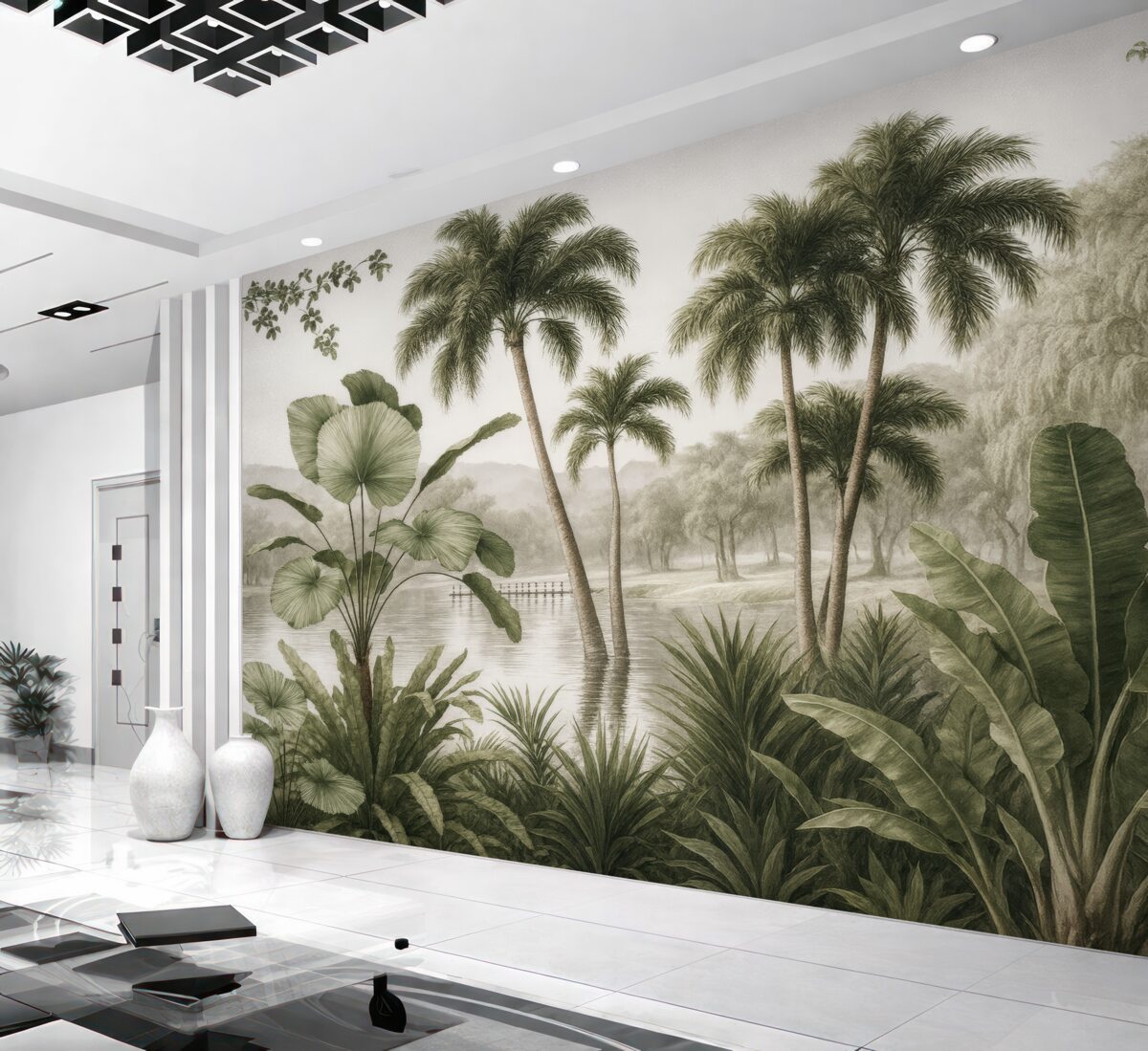 Fototapeta Tropikalne drzewa w zamglonym lesie.