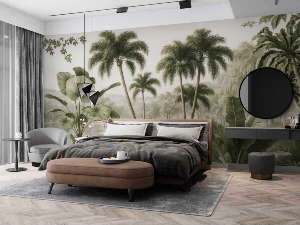 Fototapeta Tropikalne drzewa w zamglonym lesie.