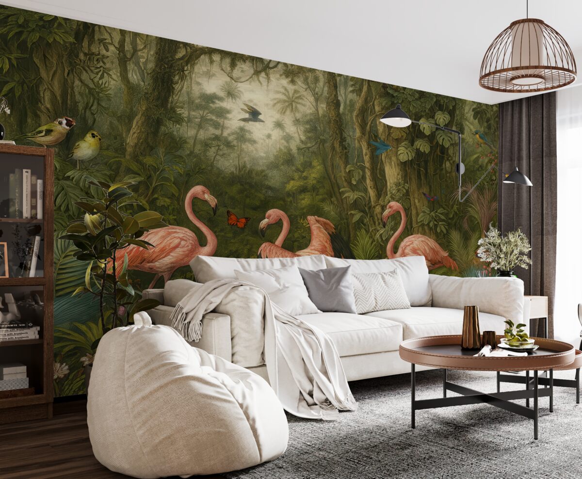 Fototapeta Tropikalne ptaki oraz flaming w jungli.