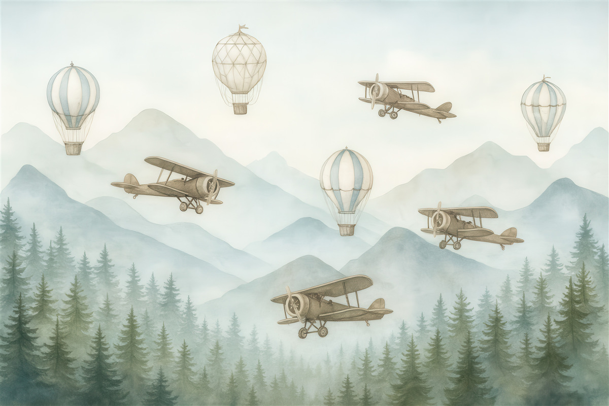 Fototapeta Niebo z latającymi balonami i śmigłowcami.