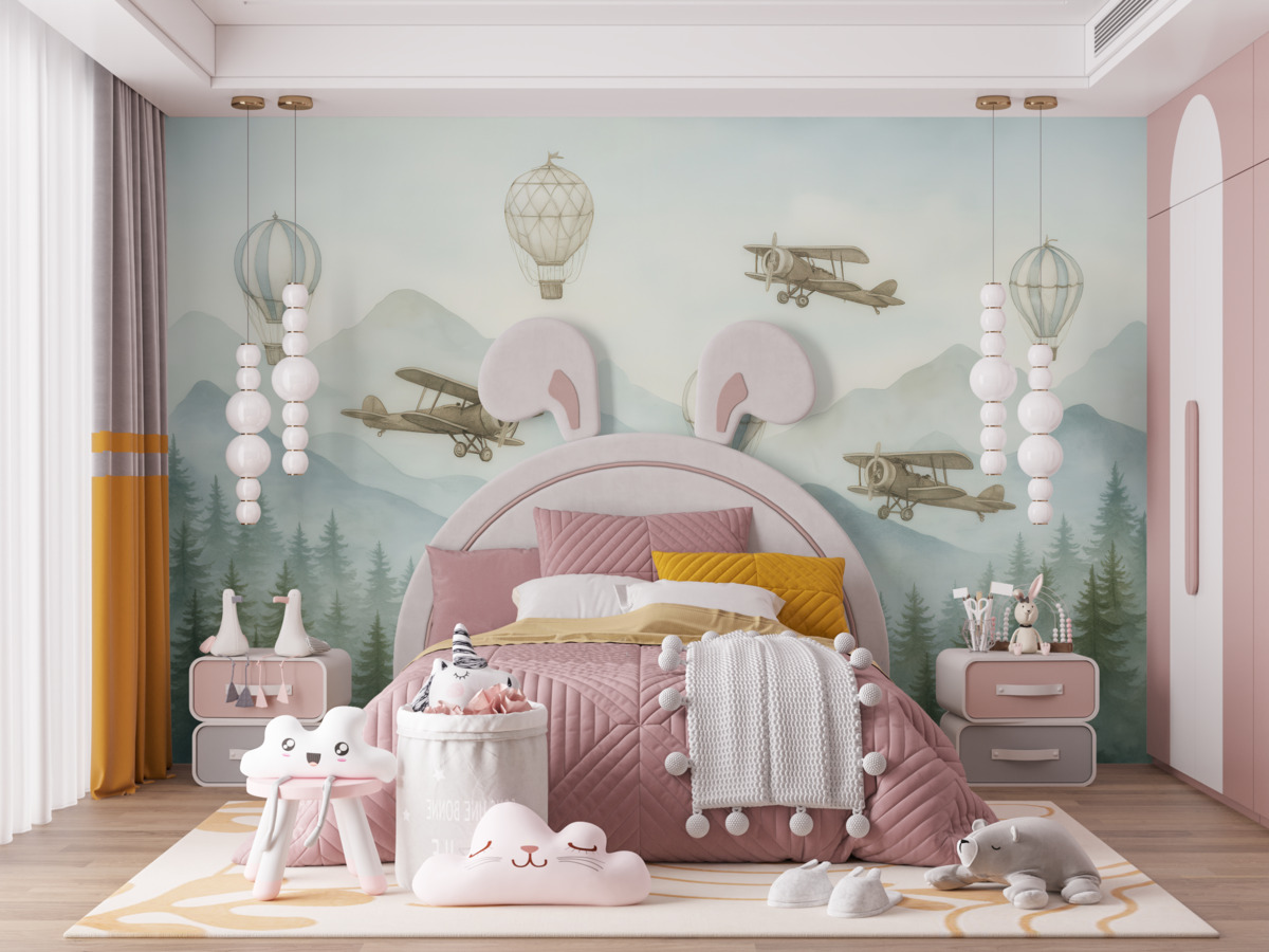 Fototapeta Niebo z latającymi balonami i śmigłowcami.