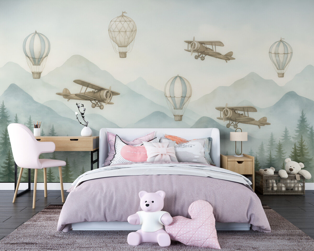 Fototapeta Niebo z latającymi balonami i śmigłowcami.