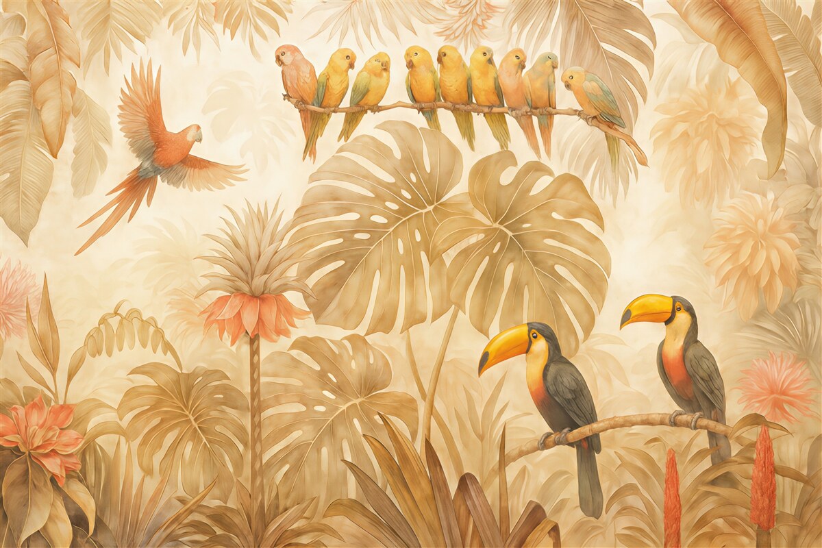 Fototapeta Jasne ptaki i kolorowe papugi w tropikach.