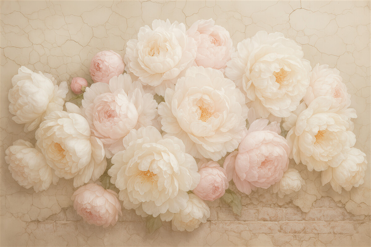 Fototapeta Białe peonie na zrujnowanej ścianie.