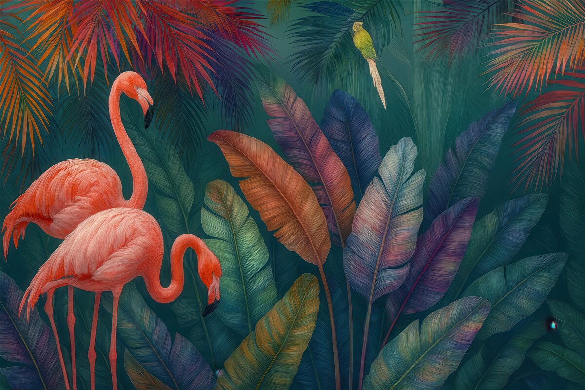 Fototapeta Flamingi w barwnych tropikach.