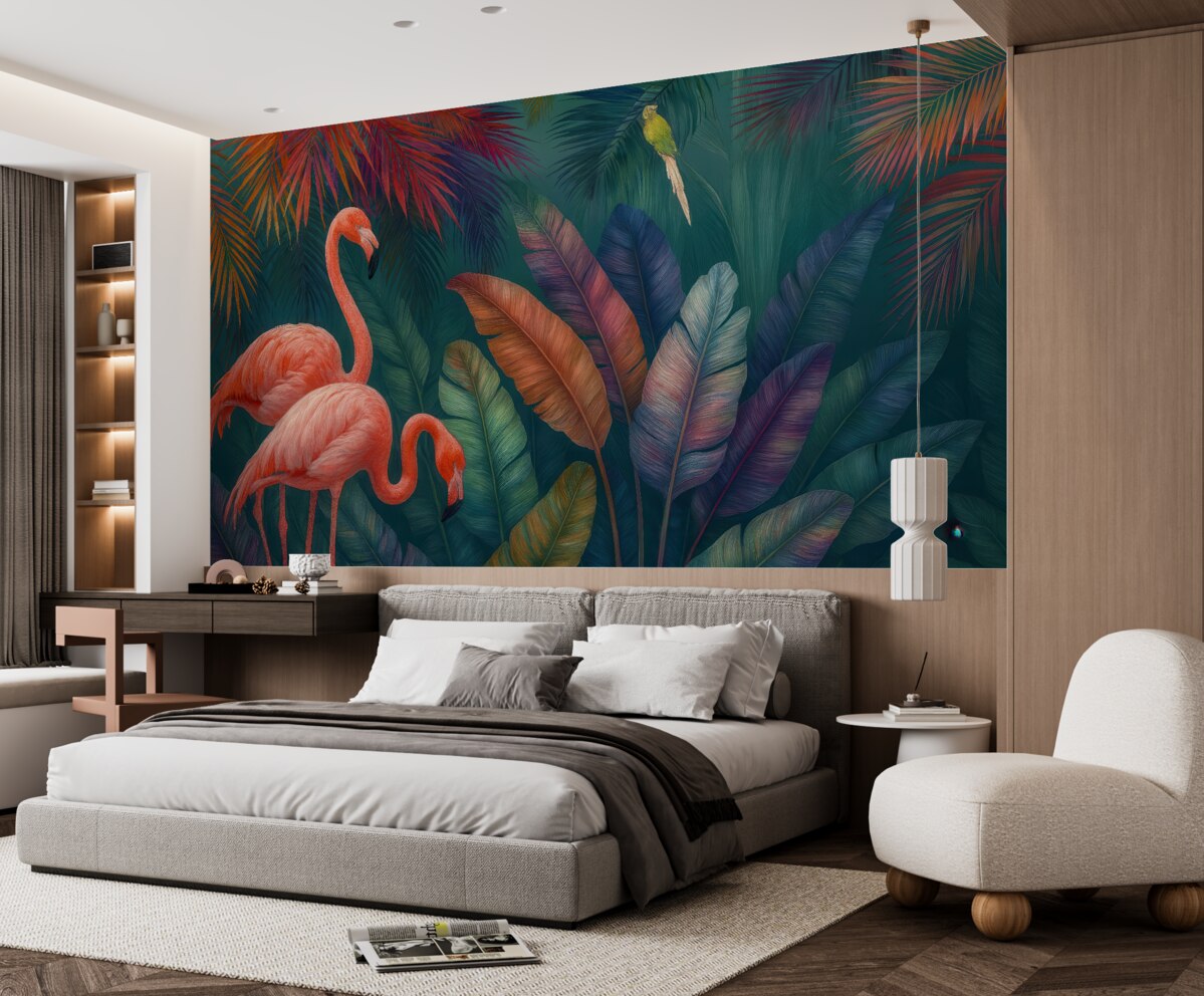 Fototapeta Flamingi w barwnych tropikach.