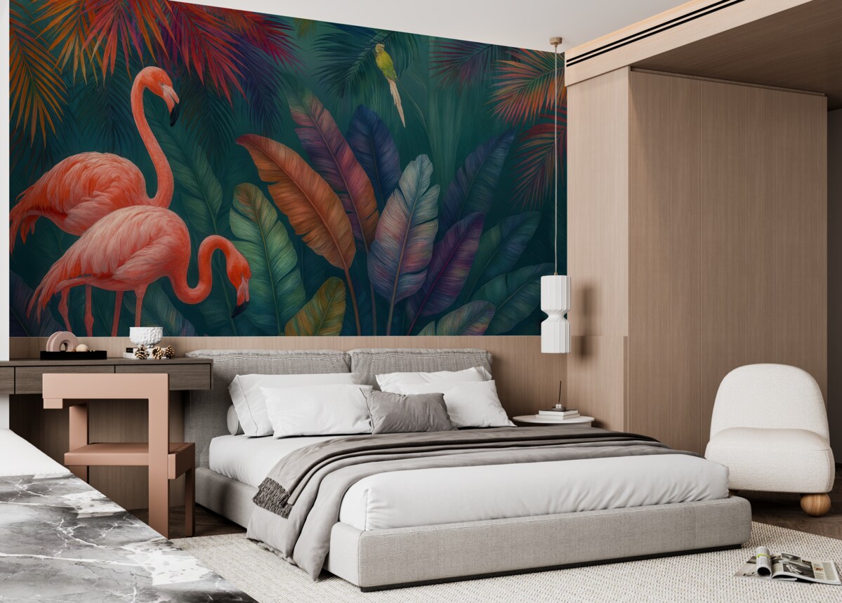 Fototapeta Flamingi w barwnych tropikach.