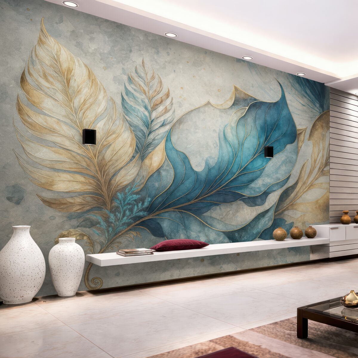 Fototapeta Wielkie akwarelowe rośliny na betonowej ścianie.