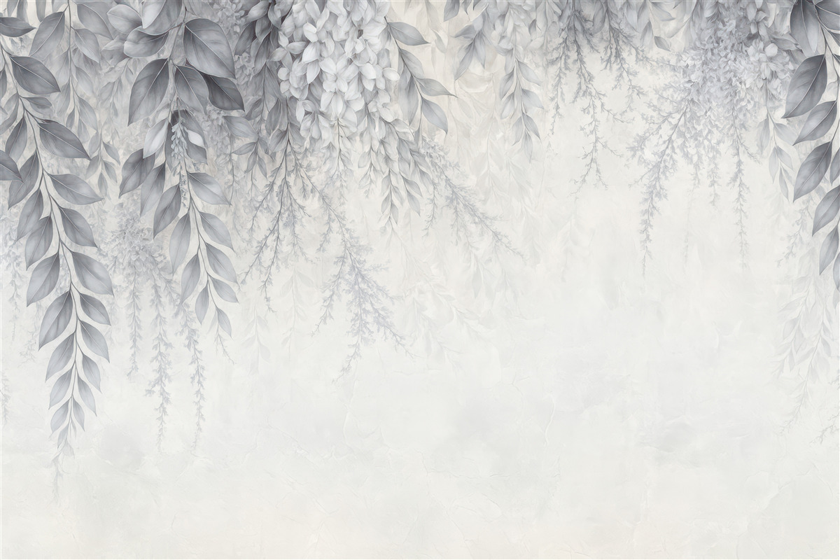 Fototapeta Srebrzyste liście z kwiatkami.