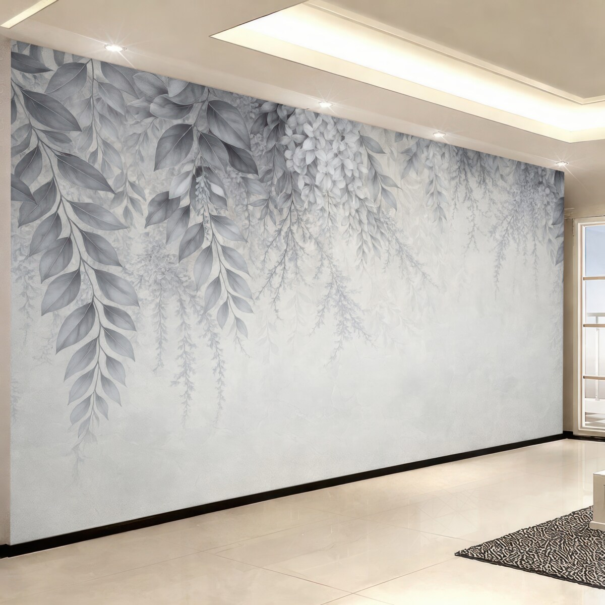 Fototapeta Srebrzyste liście z kwiatkami.