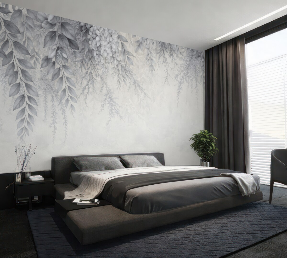 Fototapeta Srebrzyste liście z kwiatkami.