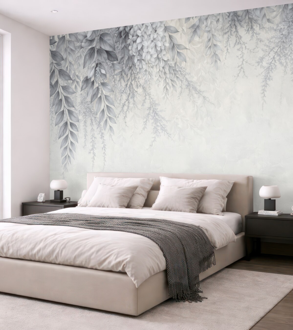 Fototapeta Srebrzyste liście z kwiatkami.