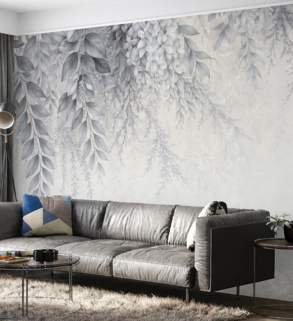 Fototapeta Srebrzyste liście z kwiatkami.