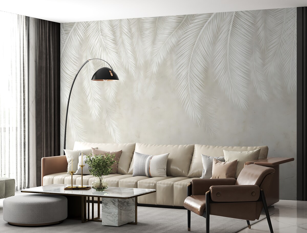 Fototapeta Białe delikatne liście palmowe z teksturą grunge.