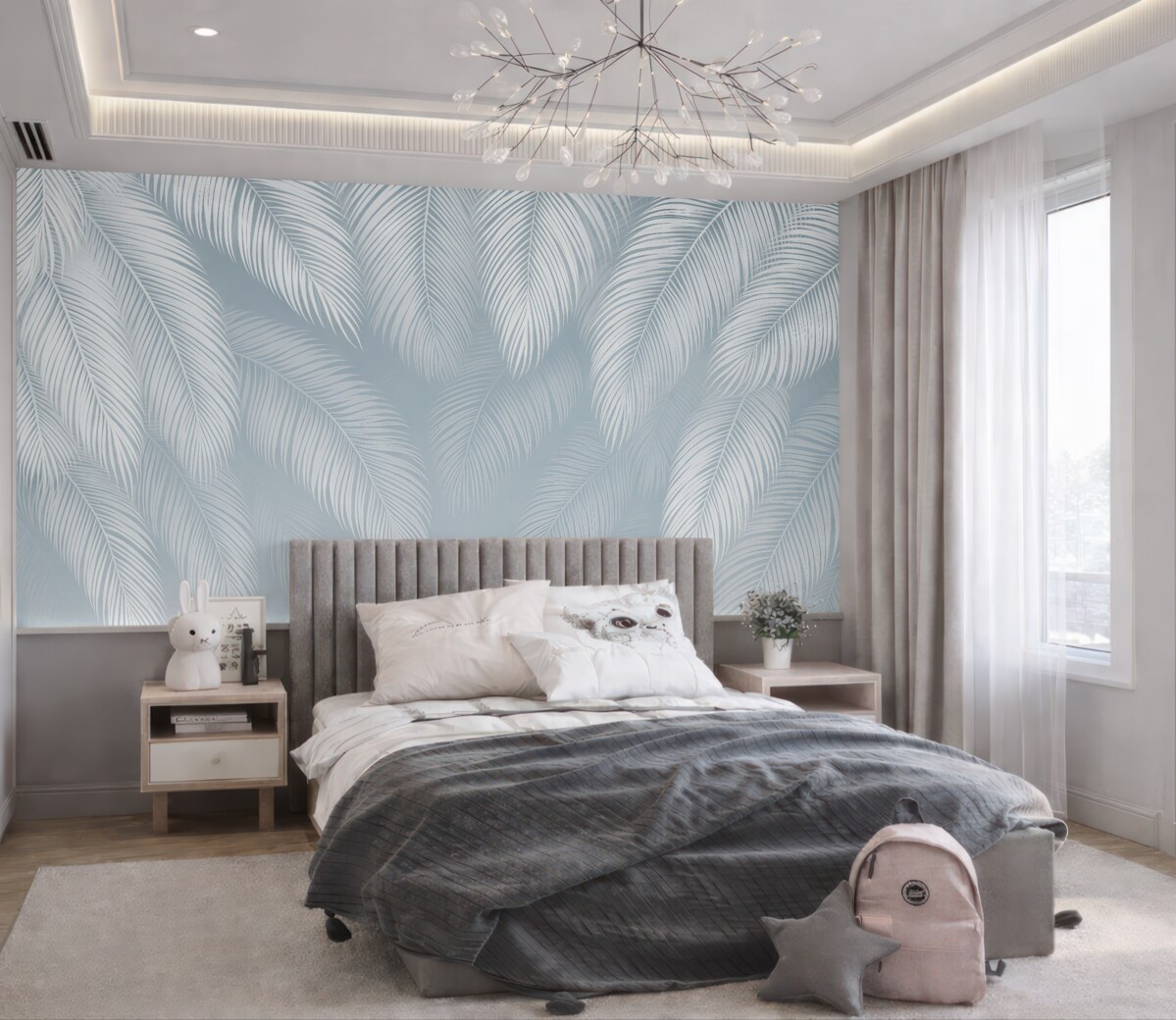 Fototapeta Białe i niebieskie liście palmowe z teksturą w stylu grunge.