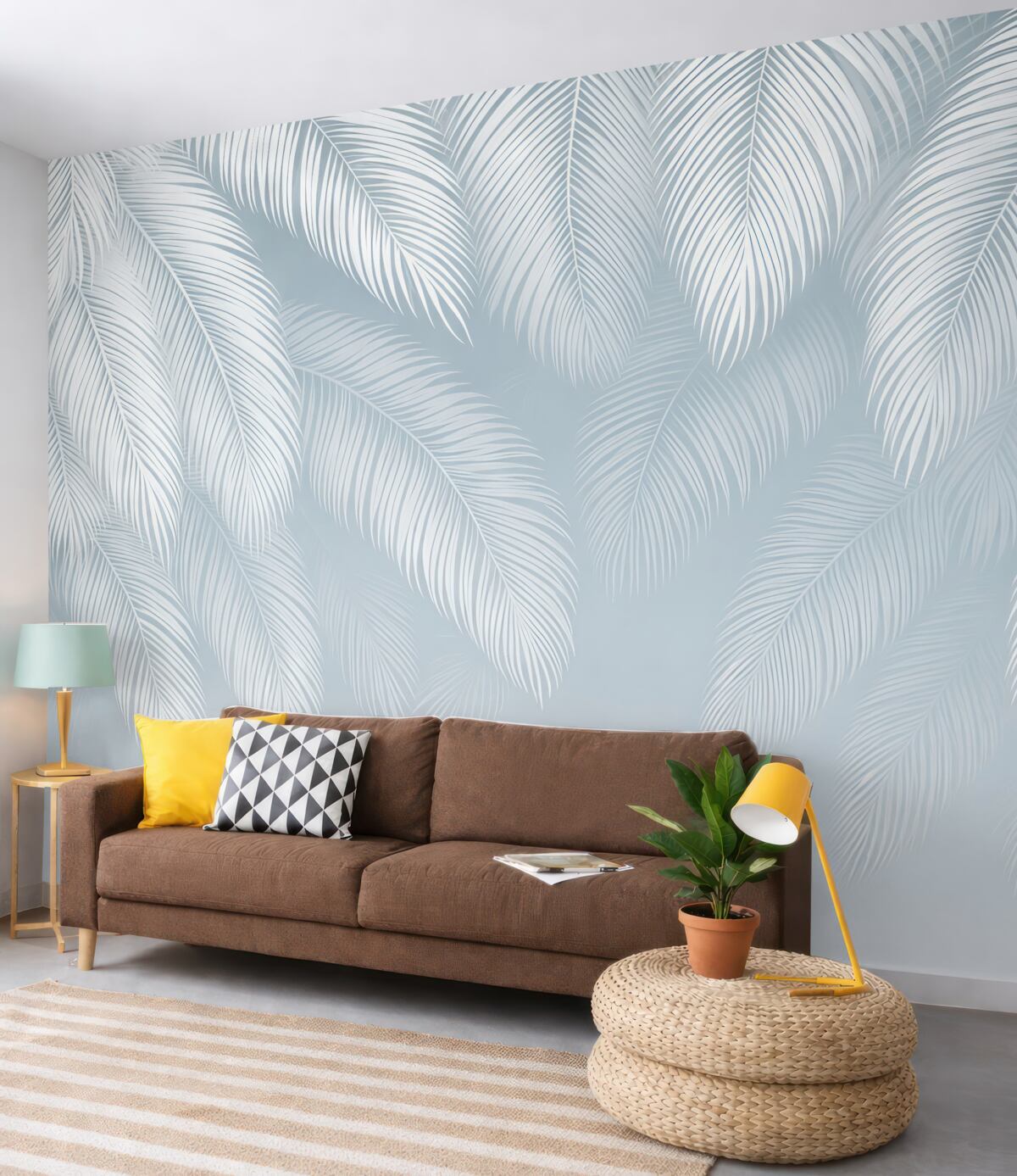 Fototapeta Białe i niebieskie liście palmowe z teksturą w stylu grunge.