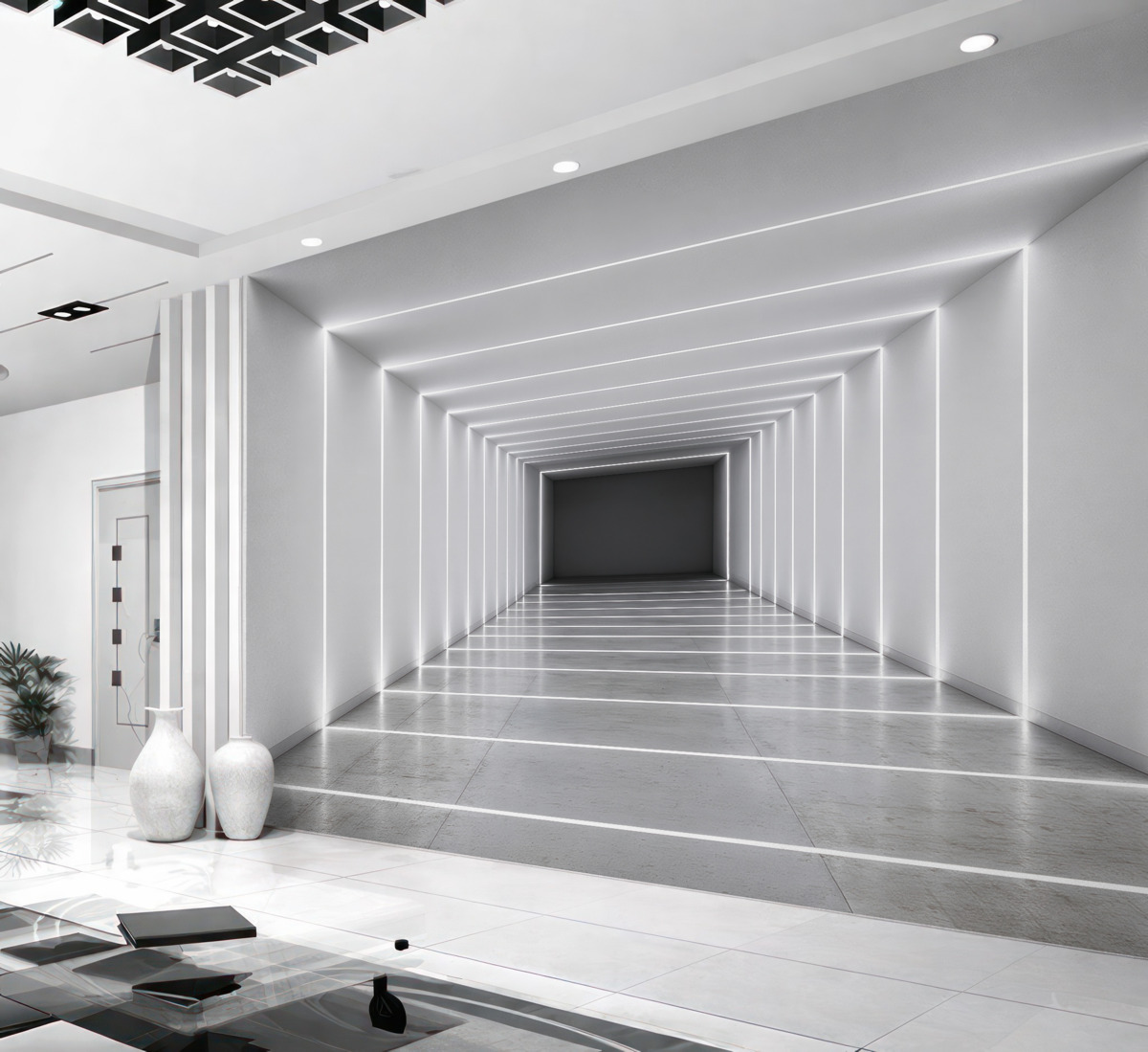Fototapeta Biały korytarz z wypolerowaną betonową posadzką.