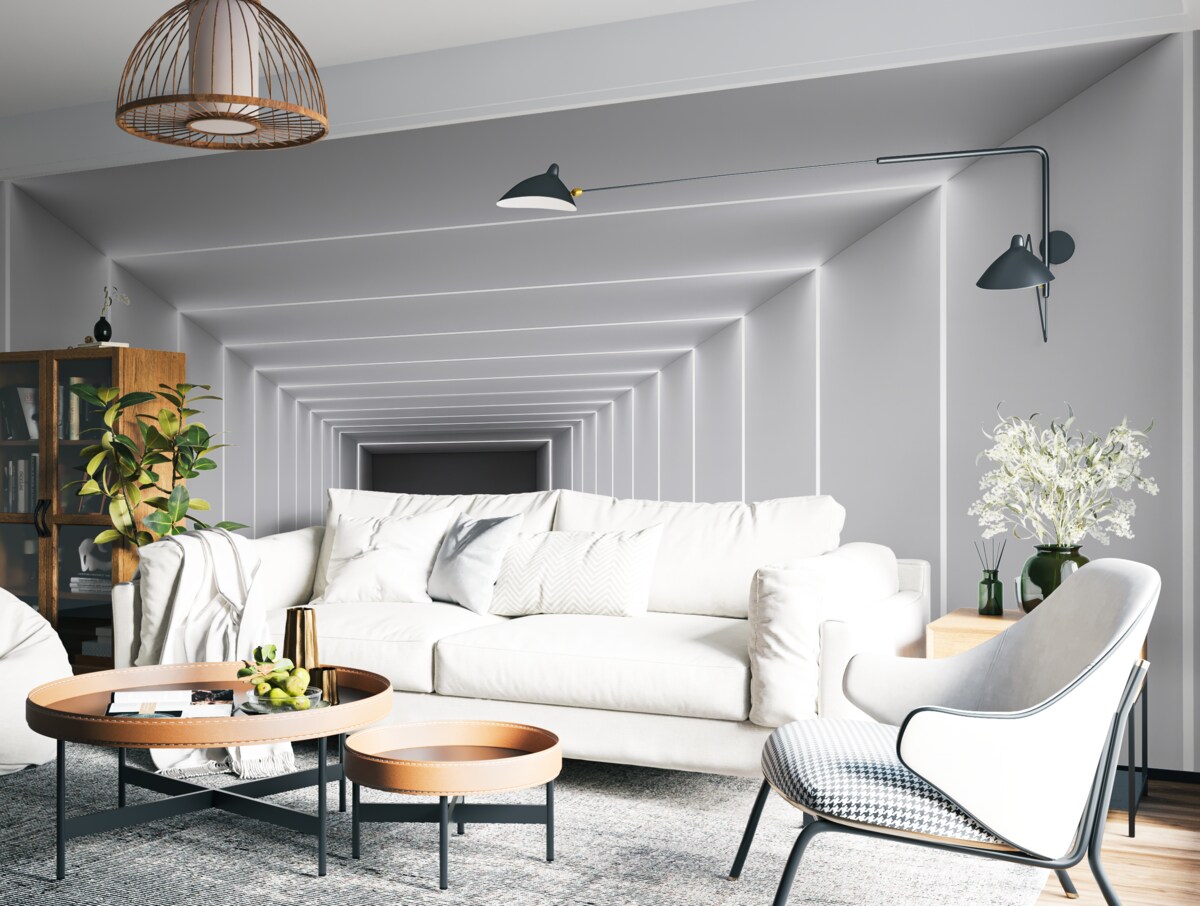 Fototapeta Biały korytarz z wypolerowaną betonową posadzką.