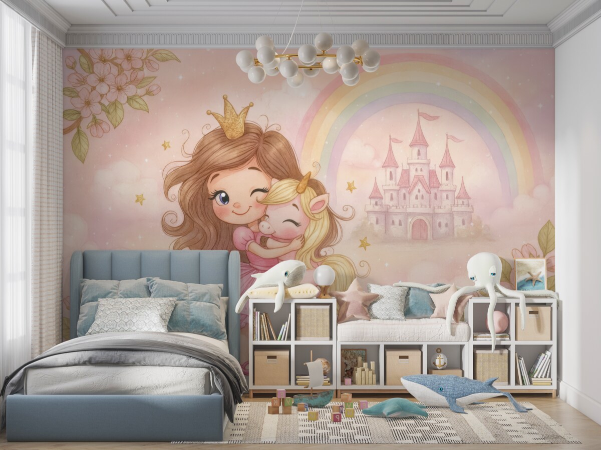 Fototapeta Księżniczka oraz jednorożec w obrębie zamku z tęczą.