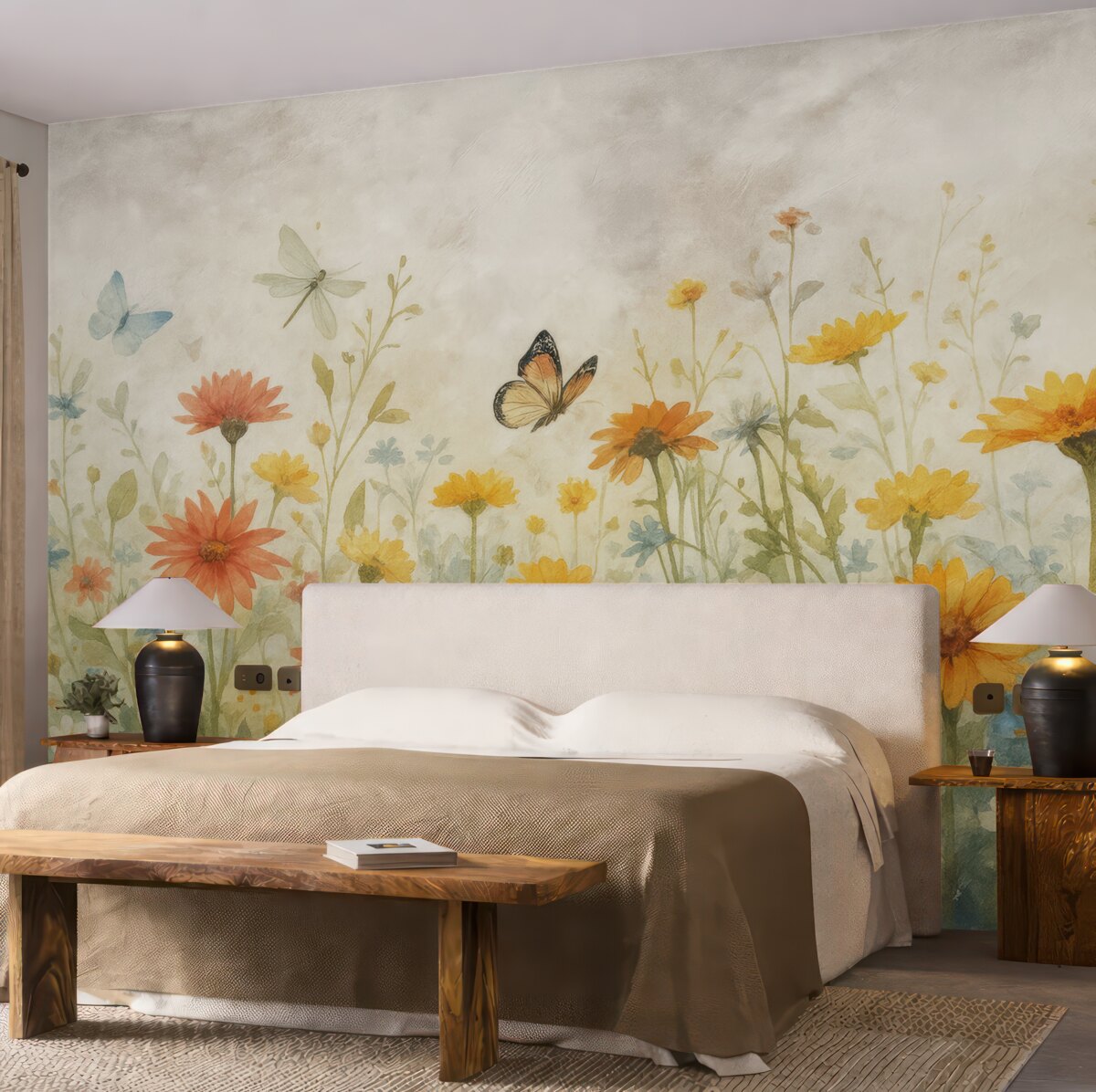 Fototapeta Kwiaty i motyle w akwareli.