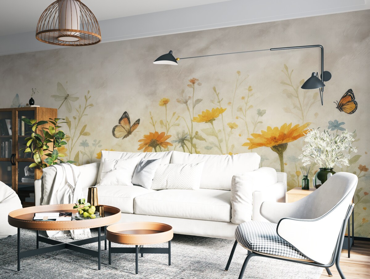 Fototapeta Kwiaty i motyle w akwareli.