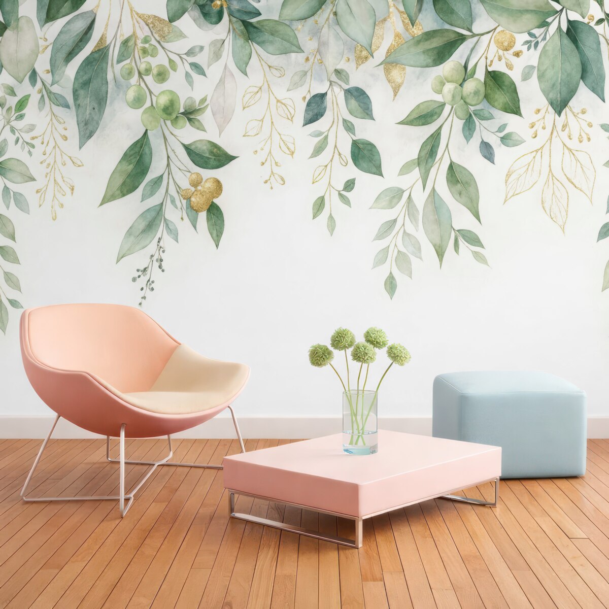 Fototapeta Zawieszone liście eukaliptusa na jasnym tle.