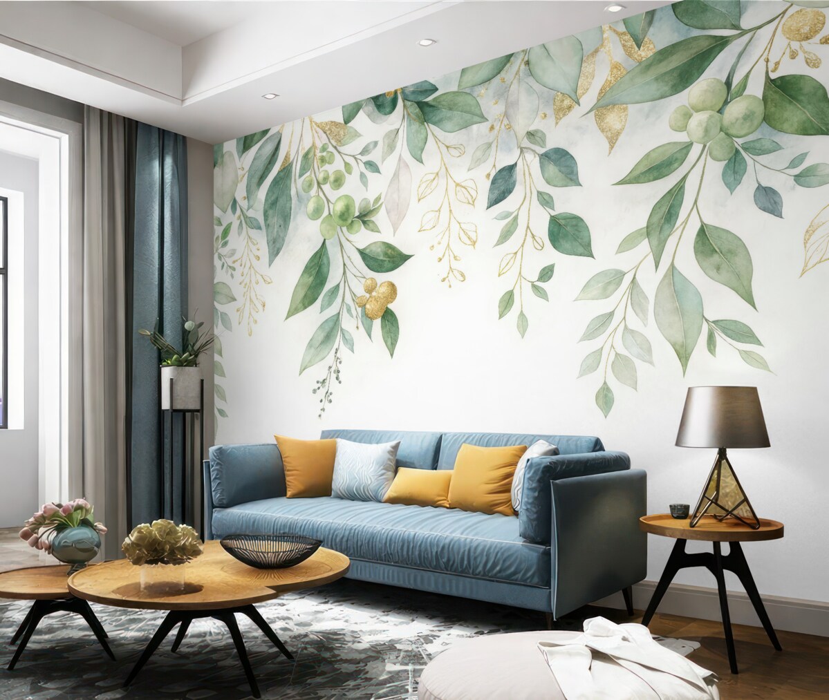 Fototapeta Zawieszone liście eukaliptusa na jasnym tle.