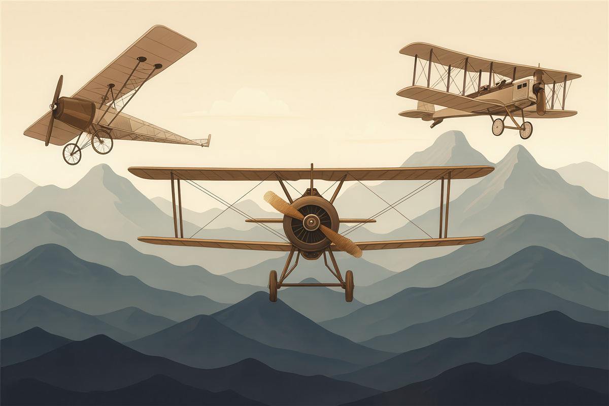 Fototapeta Historyczne maszyny latające wśród gór.