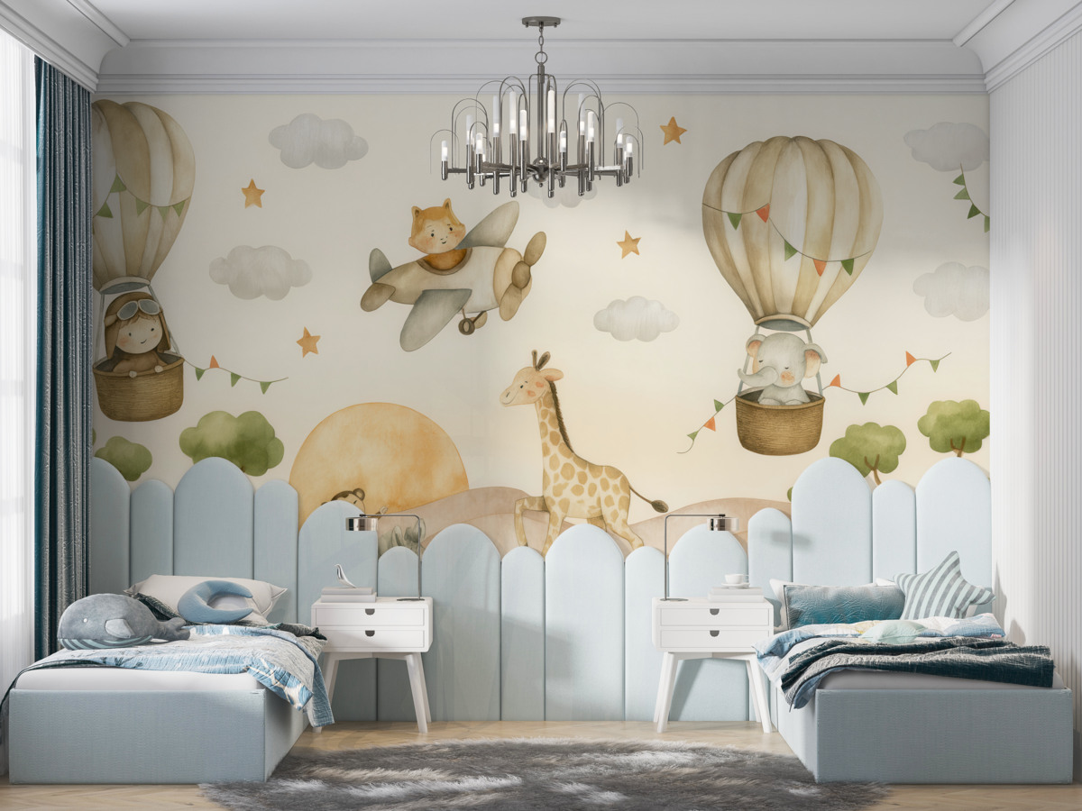 Fototapeta Rysunek akwarelą z zwierzętami, balonami, samolotem oraz autem.