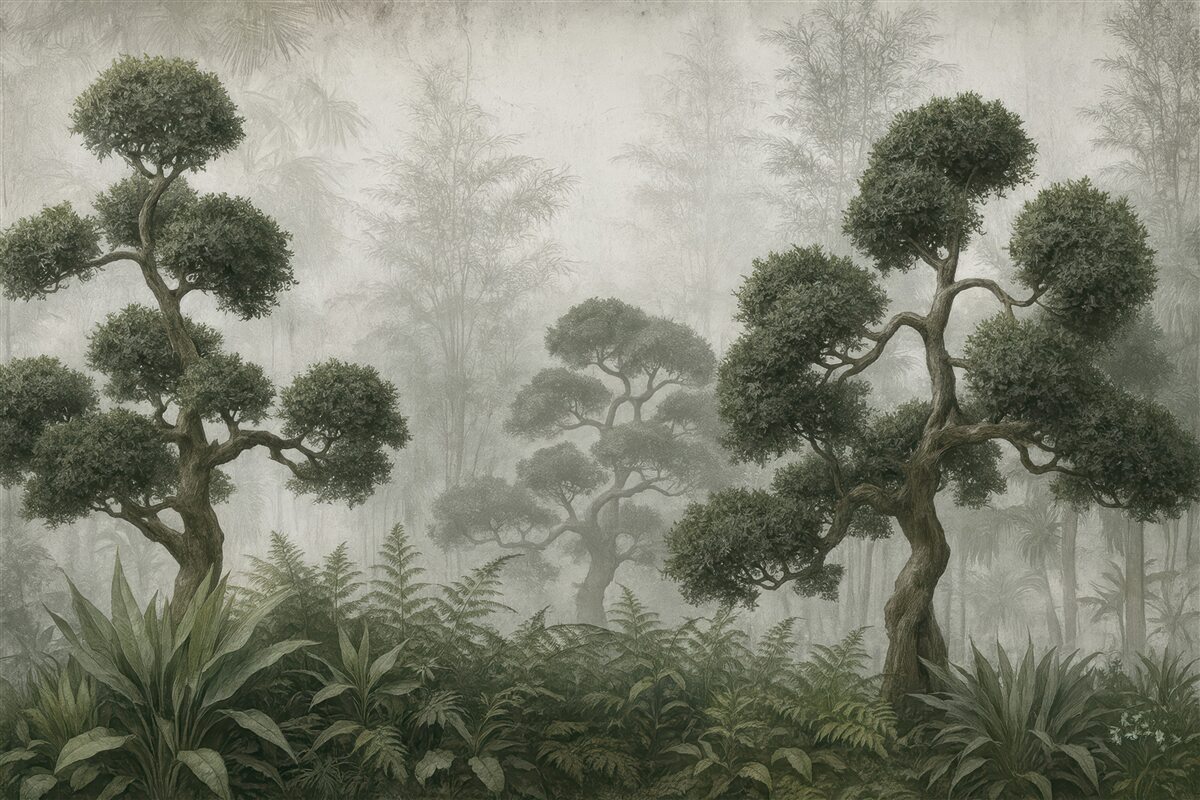 Fototapeta Tropikalne drzewa oraz liście w mglistym lesie.