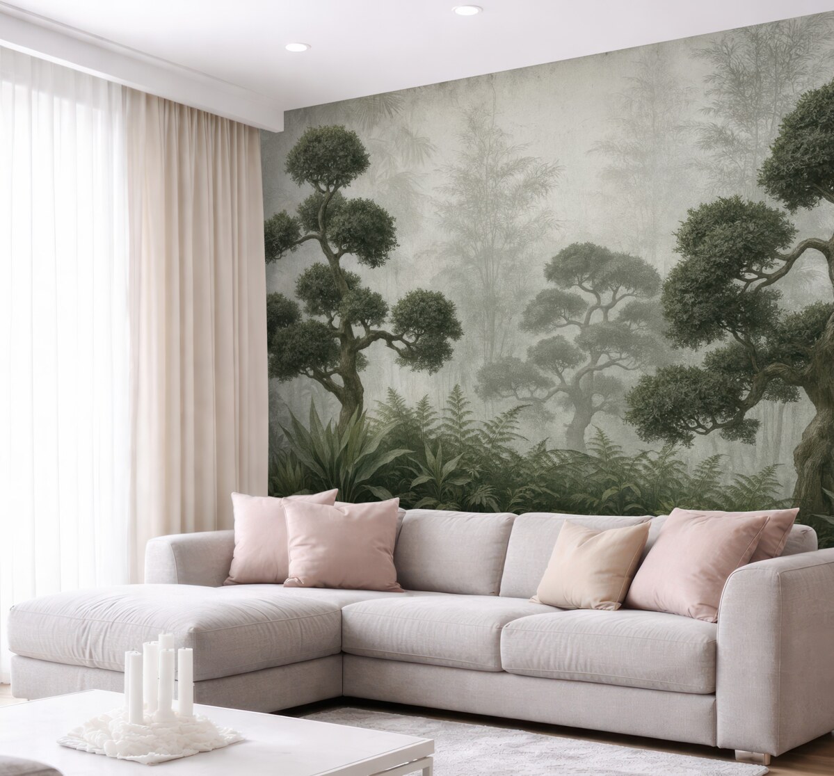 Fototapeta Tropikalne drzewa oraz liście w mglistym lesie.