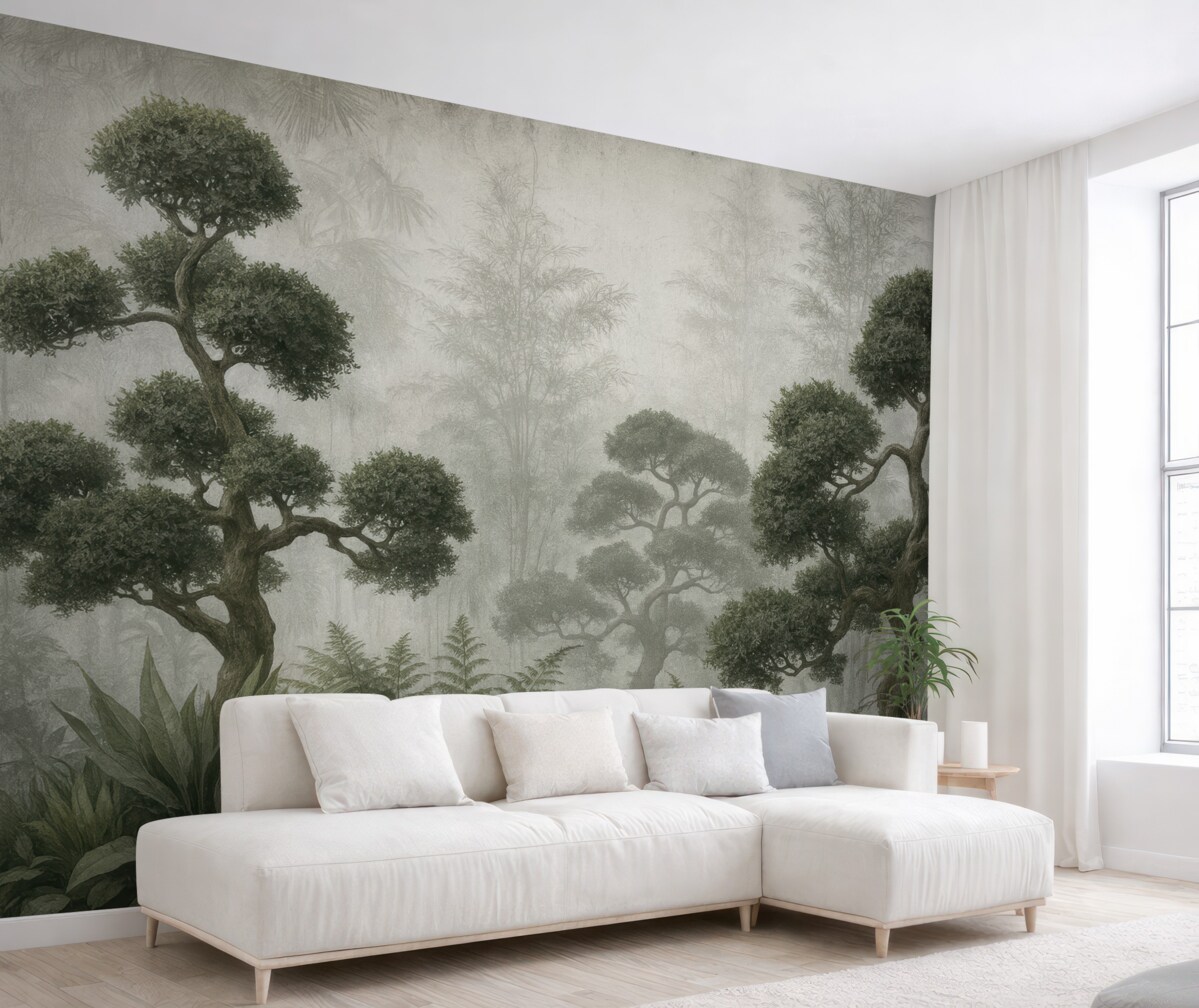 Fototapeta Tropikalne drzewa oraz liście w mglistym lesie.