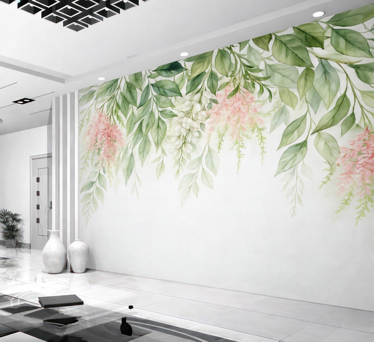 Fototapeta Liście z różowymi płatkami.