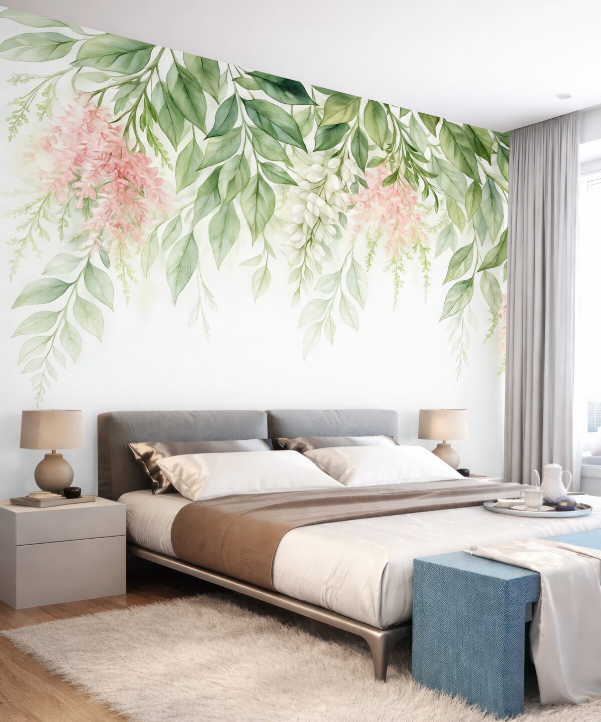 Fototapeta Liście z różowymi płatkami.