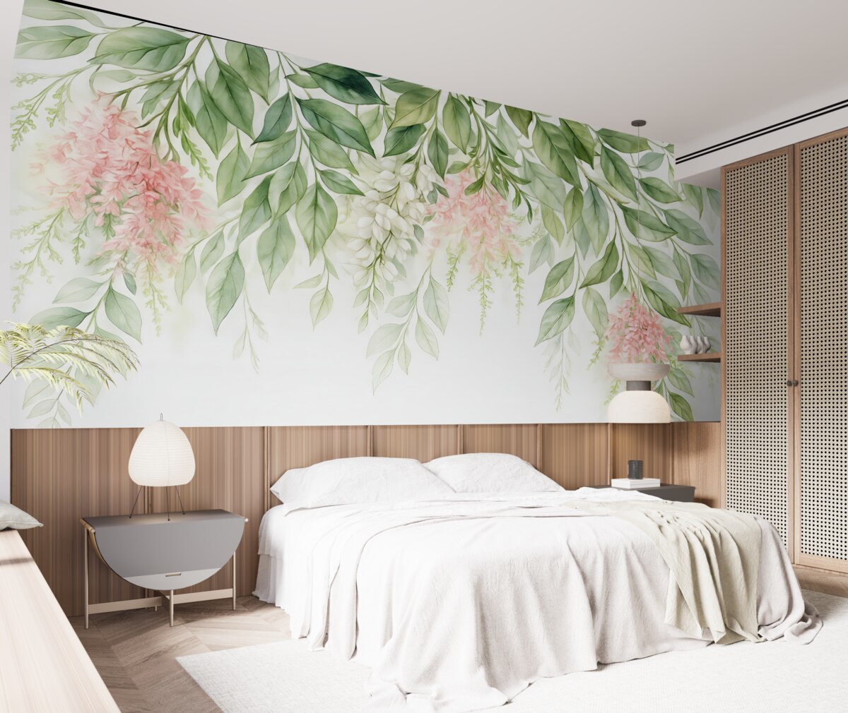 Fototapeta Liście z różowymi płatkami.