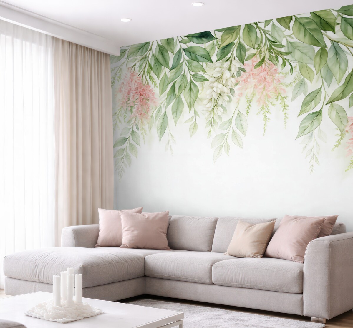 Fototapeta Liście z różowymi płatkami.