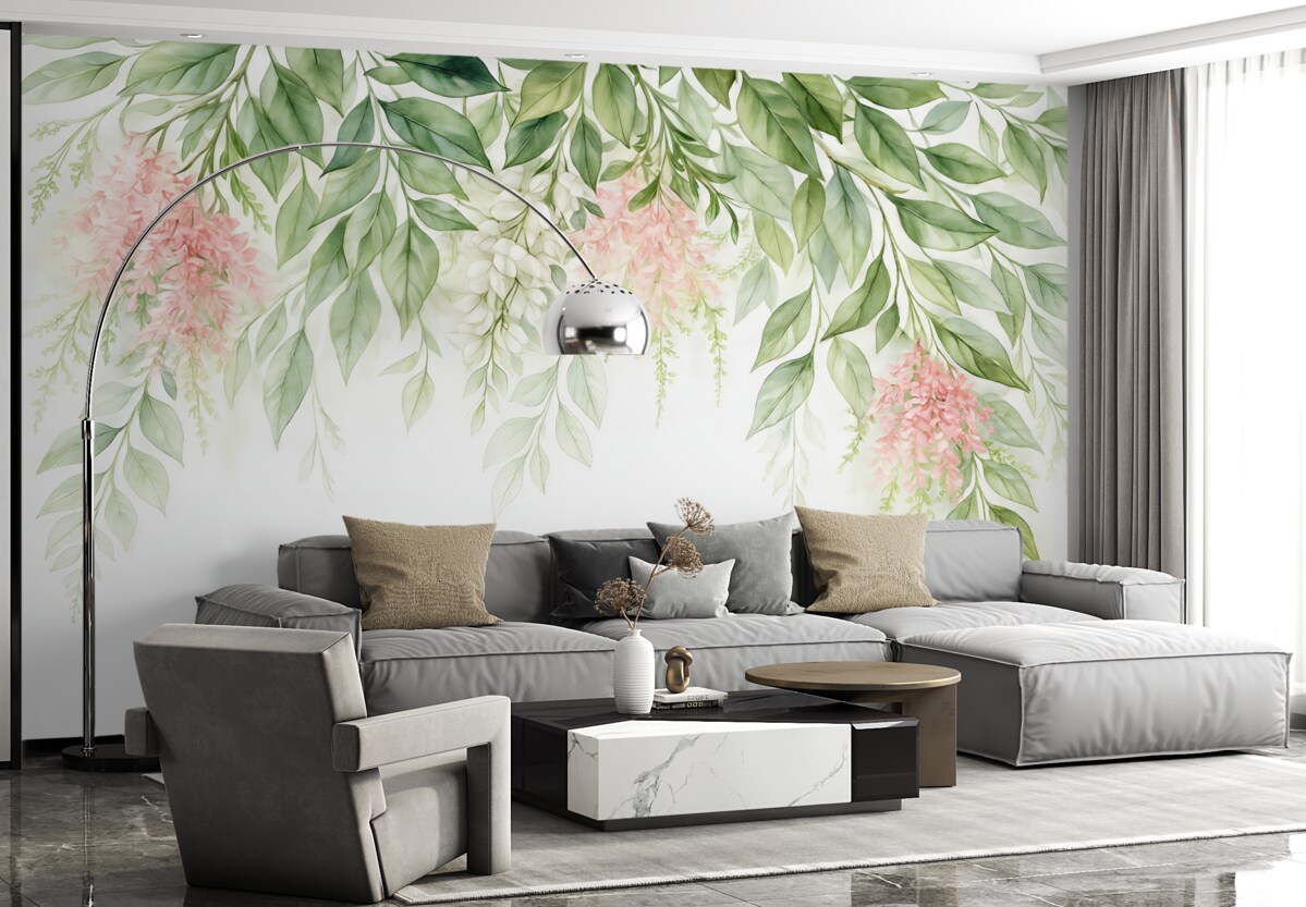 Fototapeta Liście z różowymi płatkami.