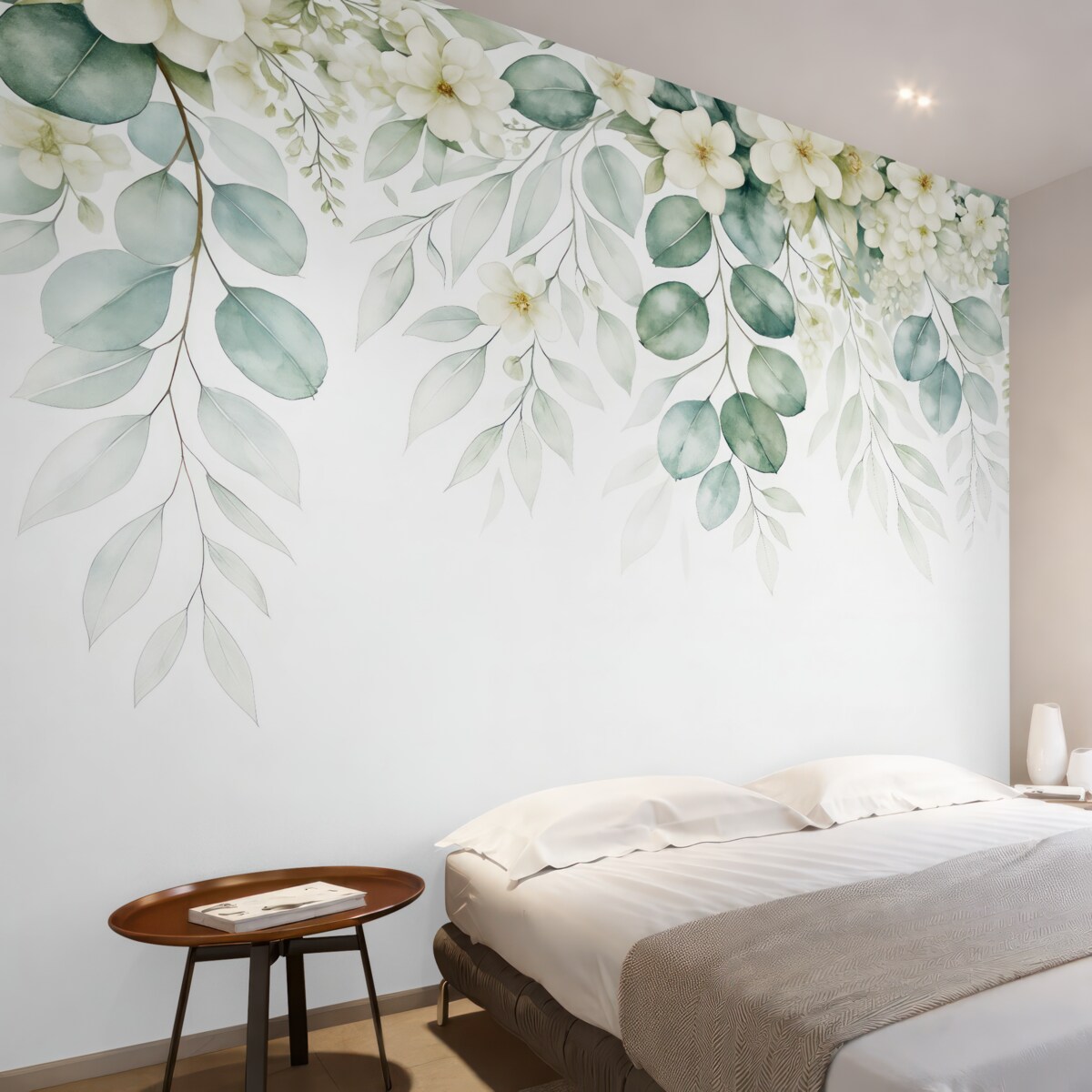 Fototapeta Obrazek z zielonymi liśćmi, białymi kwiatami, peonią i gałązkami.