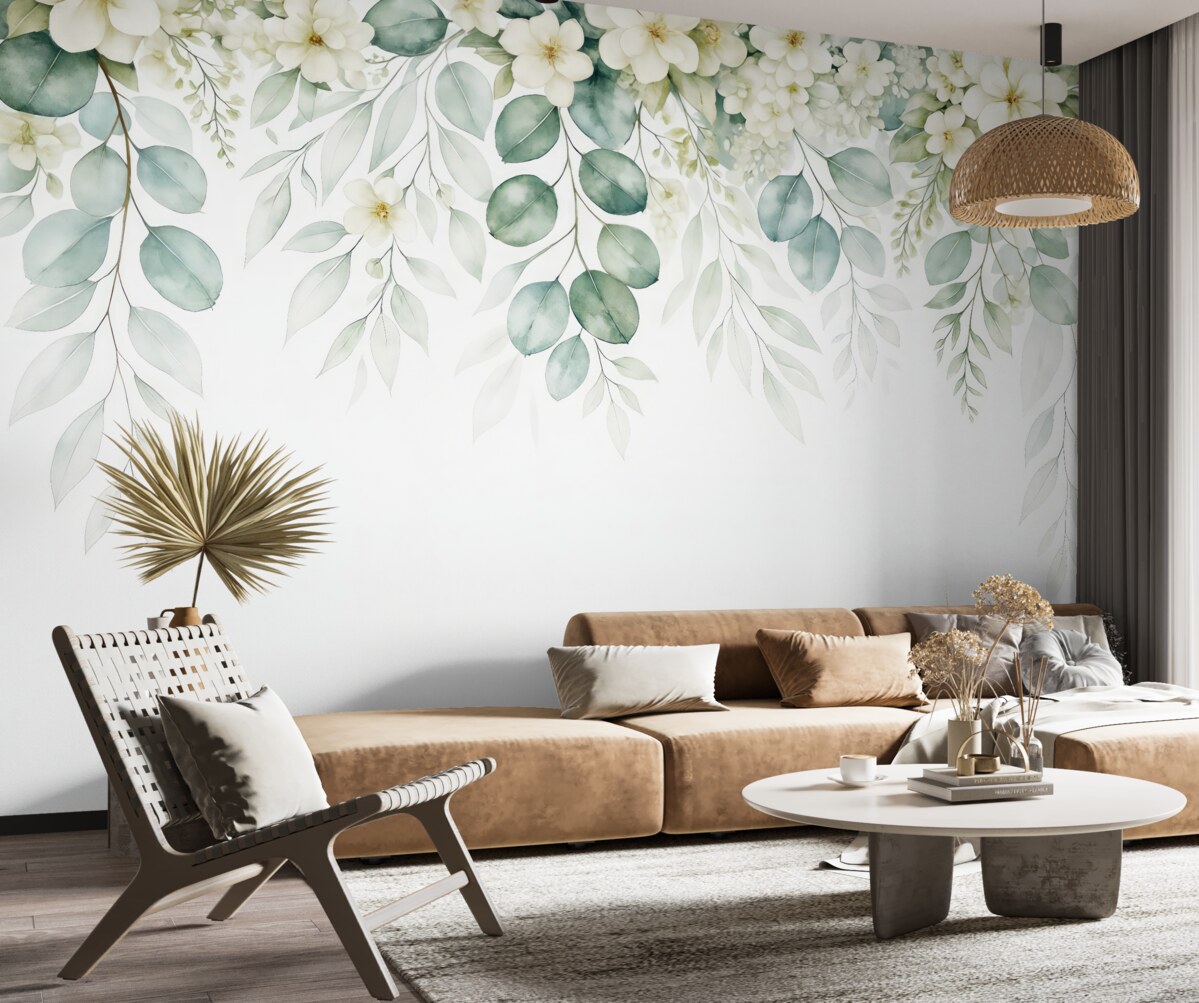 Fototapeta Obrazek z zielonymi liśćmi, białymi kwiatami, peonią i gałązkami.